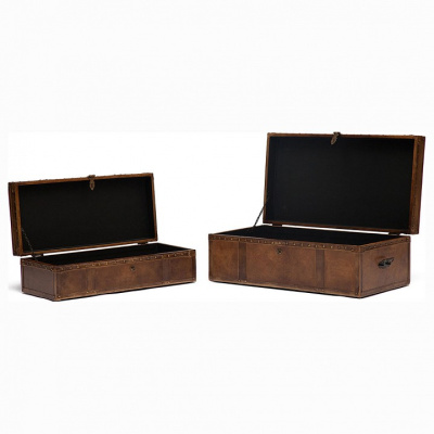 Набор из 2-х столиков - сундуков Secret De Maison ROBINZON ( mod. M-2001 ) дерево манго/кожа буйвола, 21х66х30/28х73х40см, Античный светлый. Фото